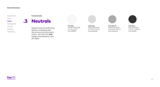 23
Brand Standards
Get started
Logo
Colors
Typography
The dot
Imagery
Marketing
Fundamentals
Neutrals.3
Neutral tones provide utility
without competing with
the primary and secondary
colors. Use them for text,
background elements, and
off states.
Light grey
R:219 G:219 B:219
C:13 M:10 Y:10 K:0
Hex #dbdbdb
Ash grey
R:248 G:248 B:248
C:2 M:1 Y:1 K:0
Hex #f8f8f8
Cool grey 7C
R:170 G:170 B:170
C:35 M:28 Y:28 K:0
Hex #aaaaaa
Dark grey
R:63 G:63 B:63
C:35 M:- Y:28 K:0
Hex #3f3f3f
 