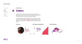 26
Brand Standards
Get started
Logo
Colors
Typography
The dot
Imagery
Marketing
Fundamentals
Colors.6
Primary colors represent the KaiOS brand and should
always be present in any layout. Secondary colors exist to
bring freshness and excitement when needed.
In the examples below, different use cases show how the
secondary color Electric Magenta can be applied to text,
layout, and illustrations, complementing the primary color
of Kai.
Into text Into layout composition Into illustration
 