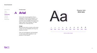 35
Brand Standards
Get started
Logo
Colors
Typography
The dot
Imagery
Marketing
Fundamentals
Arial.4
Arial is the closest typeface that is
available in most of the systems. It is
consistent in the weight, proportion,
and the ration between the upper and
lower cases, thus making it an ideal
selection for a fall-back font.
Usage
We use Arial only in email, as the main
2 fonts are not available and may not
display correctly.
Only use Arial Regular and Arial Bold
in rare cases when typeface is not
present in the system.
Aa
Regular Italic
Bold Italic
a a aa aa a a a a
18pt 26pt22pt 30pt20pt 28pt24pt 32pt 34pt 36pt
AaAaAaAa
Used at sizes 18pt and larger
 