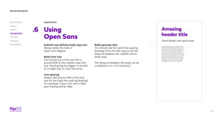 39
Brand Standards
Get started
Logo
Colors
Typography
The dot
Imagery
Marketing
Applications
Using
Open Sans
.6
Subtitle size defines body copy size.
Always settle the body in
Open Sans Regular.
Body Font size
You should use a font size that is
around 40% of the subtitle copy font
size. Avoid going any bigger or smaller
as it might lose its ratio hierarchy.
Line spacing
Always add around 30% of the font
size for the body line spacing (leading).
For example, if your font size is 30pt,
your leading will be 39pt.
Body spacing ratio
You should use the same line spacing
(leading) from the title copy to set the
distance between the subtitle and its
body copy.
The distance between the body can be
multiplied x2 or x3 if necessary.
 
