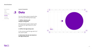 45
Brand Standards
Get started
Logo
Colors
Typography
The dot
Imagery
Marketing
Layouts Composition
Dots.3
You can create a layout using the dots
and circles by following these steps.
1. Define columns and
margins using grids.
We recommend using 9 column grids
to achieve the right balance for your
layout.
2. Define the logo lockup size
In this case we used the logo with ¾ of
the column width.
3. Determine the dot size based on
the logo lockup size
1
1
5
5
3
3
7
7
2
2
6
6
4
4
8
8
9
9
1
2
3
 