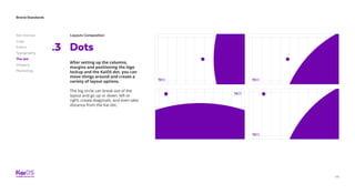 46
Brand Standards
Get started
Logo
Colors
Typography
The dot
Imagery
Marketing
After setting up the columns,
margins and positioning the logo
lockup and the KaiOS dot, you can
move things around and create a
variety of layout options.
The big circle can break out of the
layout and go up or down, left or
right, create diagonals, and even take
distance from the Kai dot.
Layouts Composition
Dots.3
 