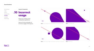59
Brand Standards
Get started
Logo
Colors
Typography
The dot
Imagery
Marketing
Layouts Composition
Incorrect
usage
.10
Please be mindful of the
composition guidelines.
Here are some examples of
Incorrect usages of the layout. Don’t use the elongated circle in an angle that is not 0º, 45º, 90º or 135º.
Don’t use the small dot bigger than Kai width in KaiOS logo or Logo lockup.
Don’t a full straight shape.
Don’t the dots alone.
 