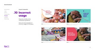 60
Brand Standards
Get started
Logo
Colors
Typography
The dot
Imagery
Marketing
Layouts Composition
Incorrect
usage
.10
Please be mindful of the
composition guidelines.
Here are some examples of
Incorrect usages of the layout. Don’t apply the small dot in a busy background area.
Don’t apply the text on a busy background.
Don’t use a colored background with an image, and also a image filled
background with a colored big dot.
Don’t place texts into the big dot and the background area at the same time.
 