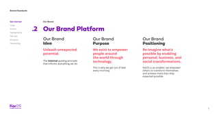 Brand Standards
Get started
Logo
Colors
Typography
The dot
Imagery
Marketing
8
Our Brand
Our Brand Platform.2
Unleash unexpected
potential.
The internal guiding principle
that informs everything we do
We exist to empower
people around
the world through
technology.
This is why we get out of bed
every morning.
Re-imagine what’s
possible by enabling
personal, business, and
social transformations.
KaiOS is an enabler; we empower
others to transform themselves
and achieve more than they
expected possible.
Our Brand
Idea
Our Brand
Purpose
Our Brand
Positioning
 