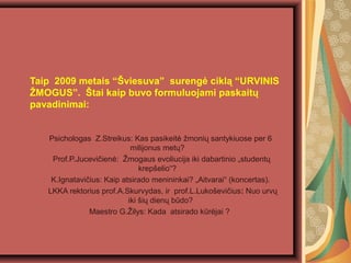Taip 2009 metais ?viesuva sureng? cikl? URVINIS
?MOGUS. ?tai kaip buvo formuluojami paskait?
pavadinimai:
Psichologas Z.Streikus: Kas pasikeit? ?moni? santykiuose per 6
milijonus met??
Prof.P.Jucevi?ien?: ?mogaus evoliucija iki dabartinio ?student?
krep?elio?
K.Ignatavi?ius: Kaip atsirado menininkai? ?Aitvarai (koncertas).
LKKA rektorius prof.A.Skurvydas, ir prof.L.Luko?evi?ius: Nuo urv?
iki ?i? dien? bdo?
Maestro G.?ilys: Kada atsirado kr?jai ?
 