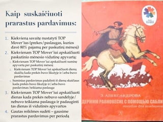 Kaip suskaičiuoti
prarastus pardavimus:
1. Kiekvieną savaitę nustatyti TOP
Mover’ius (prekes/paslaugas, kurios
davė 80% pajamų per paskutinį mėnesį)
2. Kiekvienam TOP Mover’iui apskaičiuoti
paskutinio mėnesio vidutinę apyvartą:
1. Kiekvienam TOP Mover’iui apskaičiuoti suminę
apyvartą per paskutinį mėnesį
2. Kiekvienam TOP Mover’iui apskaičiuoti dienų
skaičių kada prekės buvo likutyje ir/arba buvo
pardavimas
3. Suminius pardavimus padalinti iš dienų skaičiaus
kada prekės buvo likutyje ir/arba buvo
pardavimas/teikiama paslauga
3. Kiekvienam TOP Mover’iui apskaičiuoti
dienas kada prekės nebuvo sandėlyje/
nebuvo teikiama paslauga ir padauginti
tas dienas iš vidutinės apyvartos
4. Gautas reikšmes sudėti – gausime
prarastus pardavimus per periodą
 