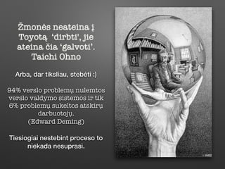 Žmonės neateina į
Toyotą ‘dirbti', jie
ateina čia ‘galvoti’.
Taichi Ohno
Arba, dar tiksliau, stebėti :)
94% verslo problem...