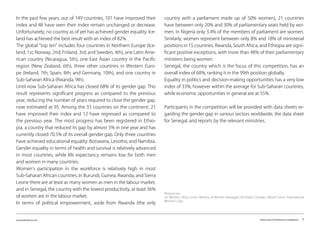 www.kairalooro.com Kaira Looro Architecture Competition - 7
In the past few years, out of 149 countries, 101 have improved their
index and 48 have seen their index remain unchanged or decrease.
Unfortunately, no country as of yet has achieved gender equality. Ice-
land has achieved the best result with an index of 82%.
The global “top ten” includes four countries in Northern Europe (Ice-
land, 1st; Norway, 2nd; Finland, 3rd; and Sweden, 4th), one Latin Ame-
rican country (Nicaragua, 5th), one East Asian country in the Pacific
region (New Zealand, 6th), three other countries in Western Euro-
pe (Ireland, 7th; Spain, 8th; and Germany, 10th), and one country in
Sub-Saharan Africa (Rwanda, 9th).
Until now Sub-Saharan Africa has closed 68% of its gender gap. This
result represents significant progress as compared to the previous
year, reducing the number of years required to close the gender gap,
now estimated at 95. Among the 33 countries on the continent, 21
have improved their index and 12 have regressed as compared to
the previous year. The most progress has been registered in Ethio-
pia, a country that reduced its gap by almost 5% in one year and has
currently closed 70.5% of its overall gender gap. Only three countries
have achieved educational equality: Botswana, Lesotho, and Namibia.
Gender equality in terms of health and survival is relatively advanced
in most countries, while life expectancy remains low for both men
and women in many countries.
Women’s participation in the workforce is relatively high in most
Sub-Saharan African countries. In Burundi, Guinea, Rwanda, and Sierra
Leone there are at least as many women as men in the labour market,
and in Senegal, the country with the lowest productivity, at least 36%
of women are in the labour market.
In terms of political empowerment, aside from Rwanda (the only
country with a parliament made up of 50% women), 21 countries
have between only 20% and 30% of parliamentary seats held by wo-
men. In Nigeria only 3.4% of the members of parliament are women.
Similarly, women represent between only 8% and 18% of ministerial
positions in 15 countries. Rwanda, South Africa, and Ethiopia are signi-
ficant positive exceptions, with more than 48% of their parliamentary
ministers being women.
Senegal, the country which is the focus of this competition, has an
overall index of 68%, ranking it in the 99th position globally.
Equality in politics and decision-making opportunities has a very low
index of 33%, however within the average for Sub-Saharan countries,
while economic opportunities in general are at 55%.
Participants in the competition will be provided with data sheets re-
garding the gender gap in various sectors worldwide, the data sheet
for Senegal, and reports by the relevant ministries.
Ressourcers:
Un Women, Africa Union, Ministry of Women (Senegal), UN Global Compact, World Forum, International
Women’s Day.
 
