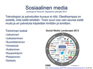 Sosiaalinen media 
Isokangas & Vassinen: Digitaalinen jalanjälki 2010 
Teknologian ja palveluiden kuvaus ei riitä. Oleellisempaa on 
esitellä, mitä siellä tehdään. Tosin suuri osa vain seuraa siellä 
muita ja eri palveluita käytetään limittäin ja lomittain. 
Toiminnan luokat 
•Jakaminen 
•Julkaiseminen 
•Suositteleminen 
•Vertaistuki 
•Auttaminen 
•Kaupankäynti 
•Pelaaminen 
•Deittailu 
Kuva: www.fredcavazza.net/2013/04/17/social-media-landscape-2013, CC BY-SA 
 