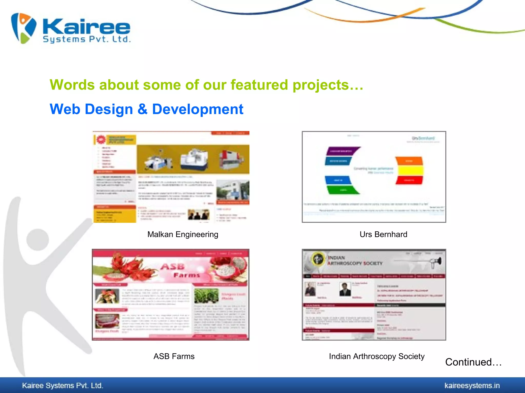 Words about some of our featured projects…
Web Design & Development




             Malkan Engineering              Urs Bernhard




              ASB Farms              Indian Arthroscopy Society
                                                                  Continued…
 