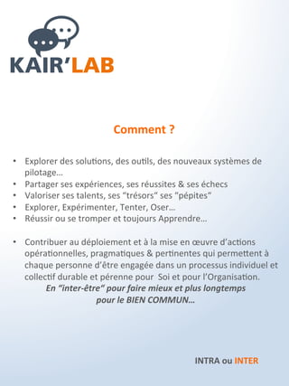 Pour quoi ?
Permettre la rencontre des hommes et des femmes qui décident
d’agir concrètement pour améliorer leur environnement et
notamment le bien commun que représente leurs engagements
professionnels.
Les KAIR’LAB sont des lieux de fertilité pour valoriser et déployer
toutes les énergies au sein des organisations.
Autonomie – Agilité – Partenariat – Collaboration…
 