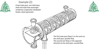 Example (2)
A two-tube-pass, one shell-pass,
shell-and-tube heat exchanger:
condenser, evaporator, feedwater
heater, steam generator
The first tube-pass flows is in the same as
the shell-pass: parallel flow.
The second one flows in the opposite
direction to the shell-pass: counterflow.
 