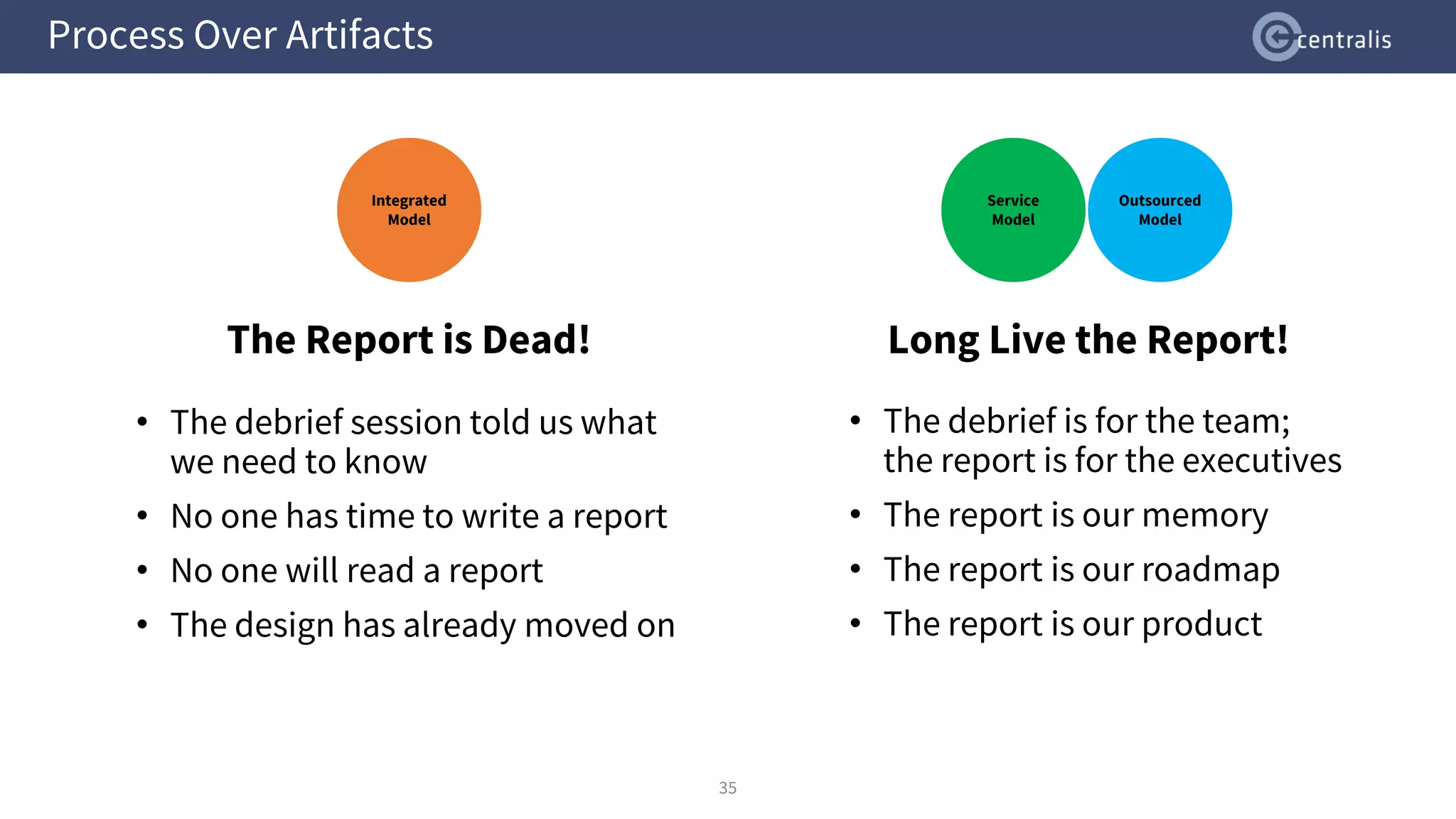 Process Over Artifacts
35
• The debrief session told us what
we need to know
• No one has time to write a report
• No one will read a report
• The design has already moved on
• The debrief is for the team;
the report is for the executives
• The report is our memory
• The report is our roadmap
• The report is our product
The Report is Dead! Long Live the Report!
Integrated
Model
Service
Model
Outsourced
Model
 