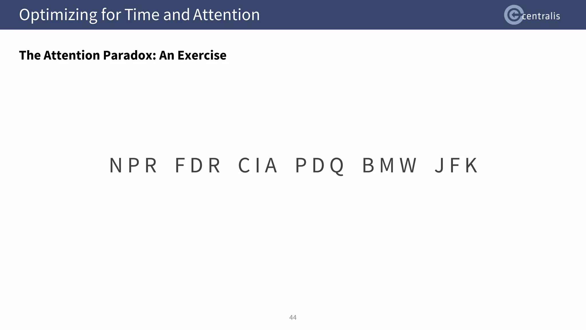 Optimizing for Time and Attention
The Attention Paradox: An Exercise
44
N P R F D R C I A P D Q B M W J F K
 