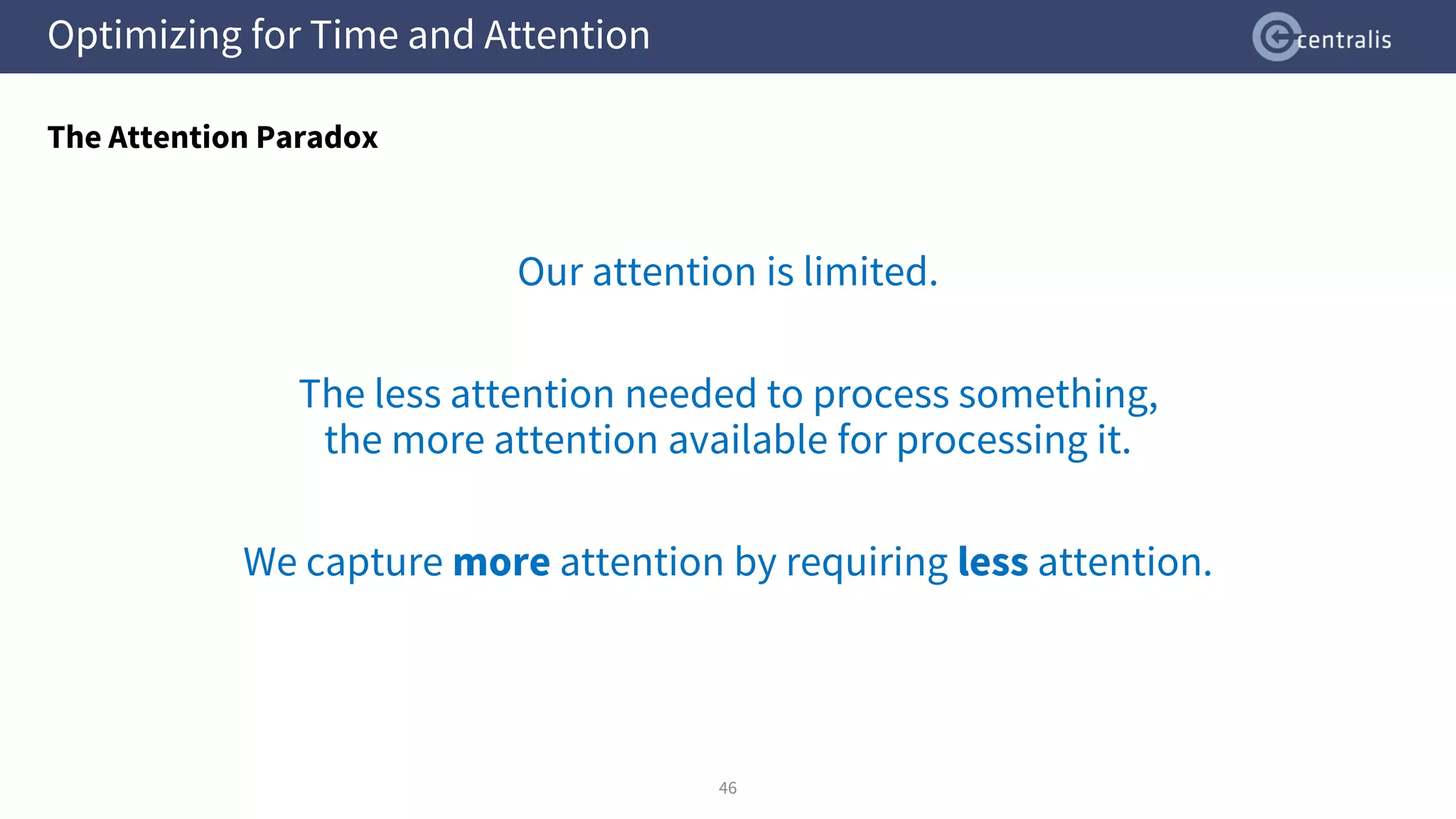 Optimizing for Time and Attention
The Attention Paradox
46
Our attention is limited.
The less attention needed to process something,
the more attention available for processing it.
We capture more attention by requiring less attention.
 