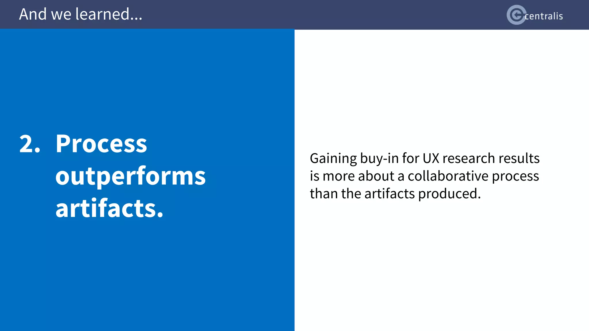 Gaining buy-in for UX research results
is more about a collaborative process
than the artifacts produced.
And we learned...
2. Process
outperforms
artifacts.
 