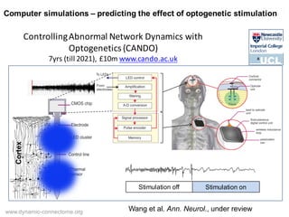 Controlling	Abnormal	Network	Dynamics	with	
Optogenetics	(CANDO)
7yrs	(till	2021),	£10m	www.cando.ac.uk
Stimulation off St...