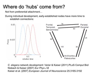 27
Where do ‘hubs’ come from?
Not from preferential attachment…
During individual development, early-established nodes hav...