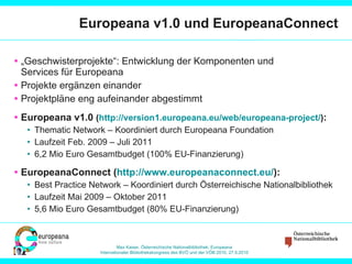 Europeana v1.0 und EuropeanaConnect „ Geschwisterprojekte“:  Entwicklung der Komponenten und  Services für Europeana Projekte ergänzen einander Projektpläne eng aufeinander abgestimmt Europeana v1.0  ( http://version1.europeana.eu/web/europeana-project/ ) :  Thematic Network – Koordiniert durch Europeana Foundation Laufzeit Feb. 2009 – Juli 2011 6,2 Mio Euro Gesamtbudget (100% EU-Finanzierung) EuropeanaConnect ( http://www.europeanaconnect.eu/ ):  Best Practice Network – Koordiniert durch Österreichische Nationalbibliothek Laufzeit Mai 2009 – Oktober 2011 5,6 Mio Euro Gesamtbudget (80% EU-Finanzierung) 