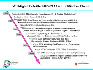 Wichtigste Schritte 2005–2010 auf politischer Ebene 2005 2006 2007 2008 September 2005:  Mitteilung der Kommission „i2010: Digitale Bibliotheken“   September 2005 – Jänner 2006: Online Konsultation  August 2006:  Empfehlung der Kommission „Digitalisierung und Online-   Zugänglichkeit kulturellen Materials und dessen digitaler Bewahrung“   November 2006: Schlussfolgerungen des Rates September 2007:  Entschließung des Europäischen Parlaments    „i2010: Auf dem Weg zu einer Europäischen Digitalen Bibliothek“ August 2008:  Empfehlung der Kommission    „Europas kulturelles Erbe per Mausklick erfahrbar machen“ November 2008:  Schlussfolgerungen des Rates    „Europäische Digitale Bibliothek EUROPEANA“   2009 August 2009:  Mitteilung der Kommission „Europeana – nächste Schritte“ August 2009 – November 2009: Online Konsultation  2010 Mai 2010:  Entschließung des Europäischen Parlaments „Europeana – die nächsten Schritte“ April 2010: Einsetzung eines Weisenrates zu Digitalisierung 