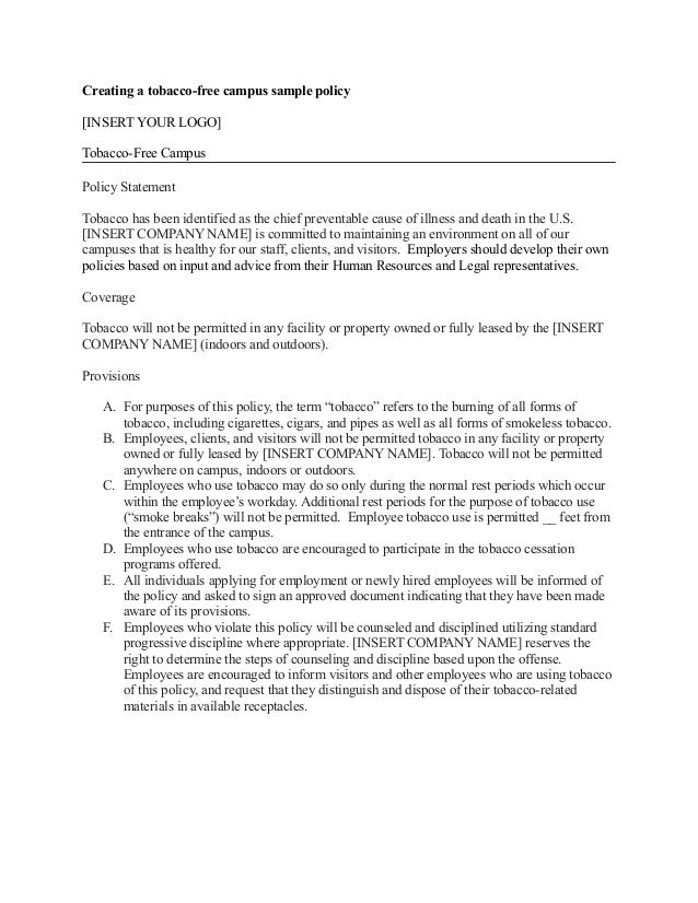Sample TobaccoFree Campus Policy Statement