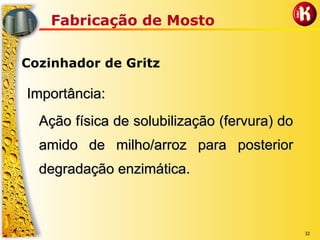 32
Fabricação de Mosto
Cozinhador de Gritz
Importância:Importância:
Ação física de solubilização (fervura) doAção física de solubilização (fervura) do
amido de milho/arroz para posterioramido de milho/arroz para posterior
degradação enzimática.degradação enzimática.
 