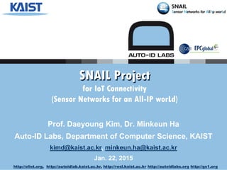 Prof. Daeyoung Kim, Dr. Minkeun Ha
Auto-ID Labs, Department of Computer Science, KAIST
kimd@kaist.ac.kr, minkeun.ha@kaist.ac.kr
Jan. 22, 2015
SNAIL ProjectSNAIL Project
for IoT Connectivity
(Sensor Networks for an All-IP worLd)
http://oliot.org, http://autoidlab.kaist.ac.kr, http://resl.kaist.ac.kr http://autoidlabs.org http://gs1.org
 