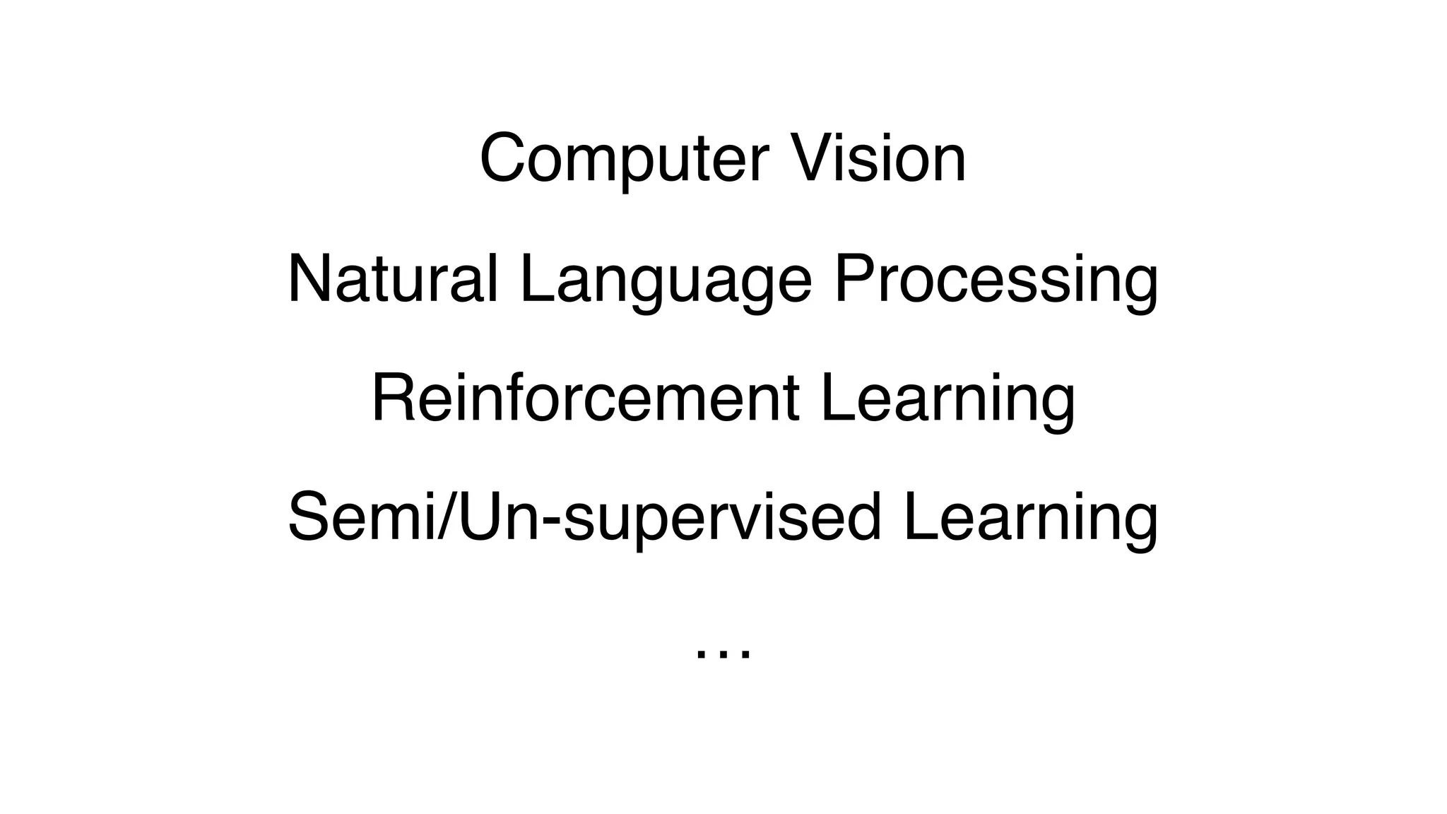 Computer Vision
Natural Language Processing
Reinforcement Learning
Semi/Un-supervised Learning
…
 