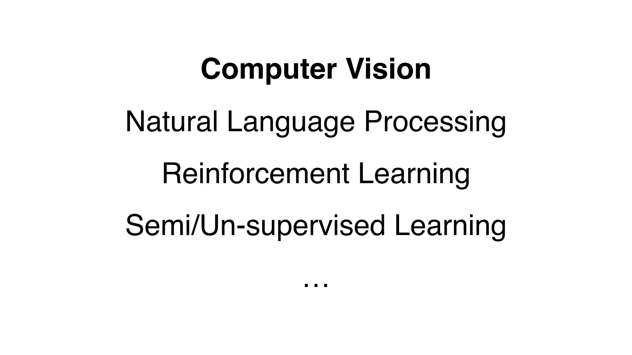 Computer Vision
Natural Language Processing
Reinforcement Learning
Semi/Un-supervised Learning
…
 