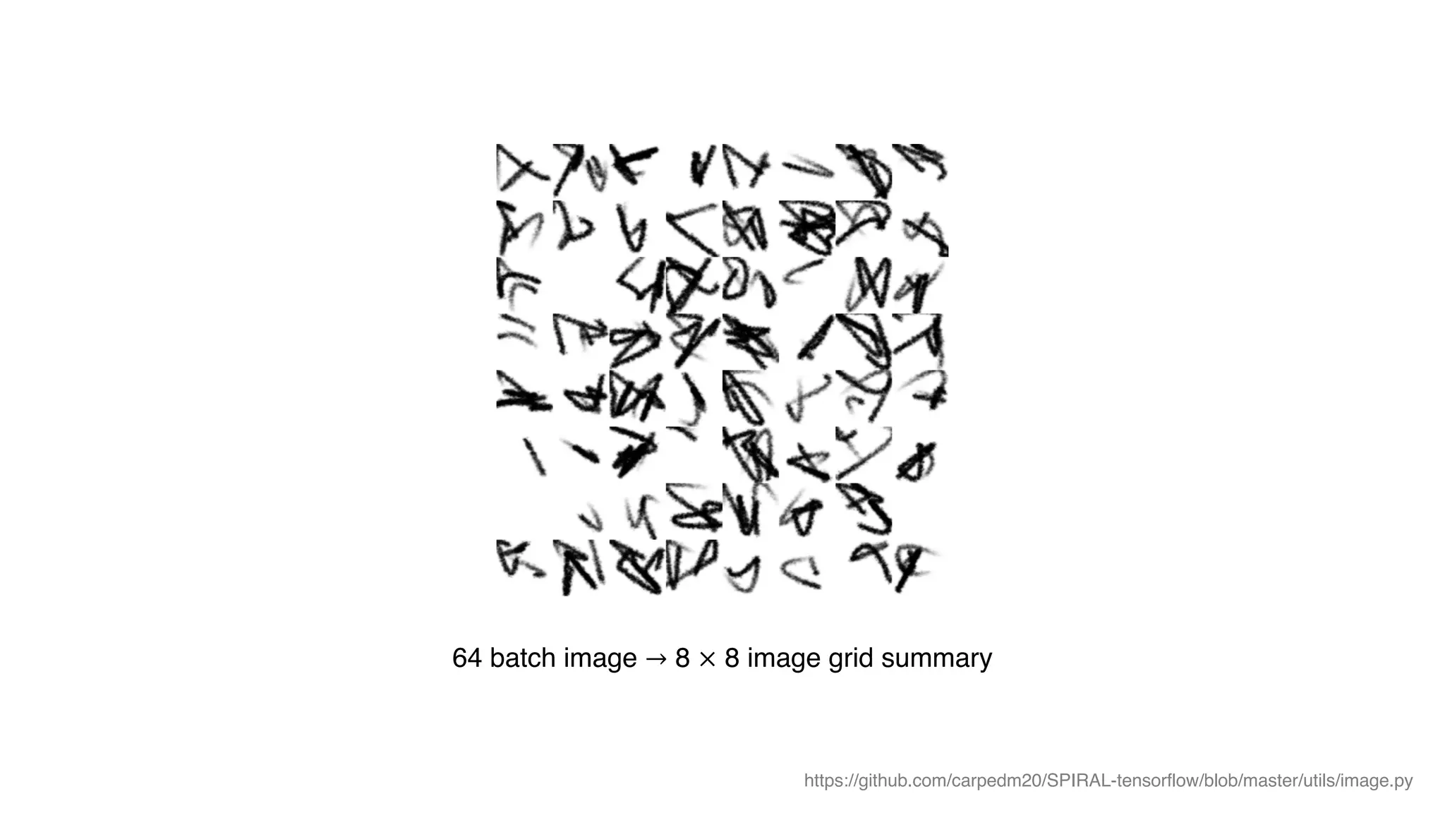 https://github.com/carpedm20/SPIRAL-tensorflow/blob/master/utils/image.py
64 batch image → 8 × 8 image grid summary
 