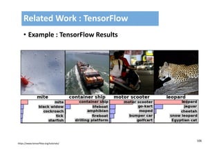 106
• Example : TensorFlow Results
Related Work : TensorFlow
https://www.tensorflow.org/tutorials/
 