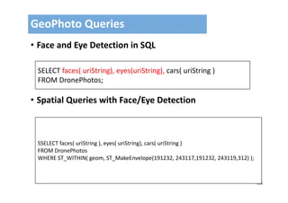111
• Face and Eye Detection in SQL
• Spatial Queries with Face/Eye Detection
GeoPhoto Queries 
SELECT faces( uriString), eyes(uriString), cars( uriString )
FROM DronePhotos;
SSELECT faces( uriString ), eyes( uriString), cars( uriString )
FROM DronePhotos
WHERE ST_WITHIN( geom, ST_MakeEnvelope(191232, 243117,191232, 243119,312) );
 