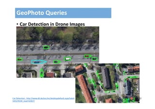112
• Car Detection in Drone Images
GeoPhoto Queries 
Car Detection : http://www.dlr.de/eoc/en/desktopdefault.aspx/tabid‐
5431/9230_read‐42467/
 