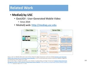 122
• MediaQ by USC
• GeoUGV : User‐Generated Mobile Video
• Since 2014
• MediaQ web: http://mediaq.usc.edu
Related Work
Ying Lu, Hien To, Abdullah Alfarrarjeh, Seon Ho Kim, Yifang Yin, Roger Zimmermann, and Cyrus Shahabi,GeoUGV: User‐Generated 
Mobile Video Dataset with Fine Granularity Spatial Metadata, In the 7th ACM Multimedia Systems Conference (MMSys), Klagenfurt 
am Worthersee, Austria, May 10‐13, 2016
Seon Ho Kim, Ying Lu, Giorgos Constantinou, Cyrus Shahabi, Guanfeng Wang, and Roger Zimmermann,MediaQ: Mobile Multimedia 
Management System. In the conference of Multimedia Systems (MMSys), In the conference of Multimedia Systems (MMSys), pages: 
224 ‐ 235, Singapore, March 19 ‐21, 2014
 