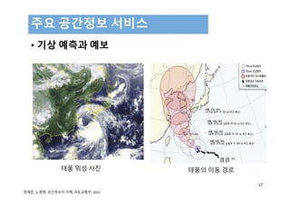 17
• 기상 예측과 예보
주요 공간정보 서비스
정재준, 노영희, 공간정보의 이해, 국토교통부, 2015 
태풍 위성 사진 태풍의 이동 경로
 