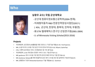 2
Who
남광우 교수/ 국립 군산대학교
‐ 군산대 컴퓨터정보통신공학부(2004‐현재)
‐ 미래형자동차 R&D 전문인력양성사업단(2017‐)
{  KEA,  군산대, 한양대, 충북대, 인하대, 부품연}
‐ 前 ETRI 텔레매틱스연구단 선임연구원(2001‐2004)
‐ U. of Minnesota Visiting Scholar(2015‐2016)
Projects
• 국토해양부, 공간정보 S/W활용을 위한 오픈소스 가공기술 개발(14‐19) : PostTrajectory
• NRF, 소셜 미디어 스트림 기반 공간 지식의 연속 마이닝(13‐16): SKSpark, SpatialTajo
• ETRI, 시멘틱 공간정보 서비스 프레임워크 및 구조 분석(10)
• 국토해양부, U‐GIS 국토정보 컨텐츠 서비스 요소 기술 연구(07‐11)
• NRF, geoSensor 센서 스트림 기반 점진적 온라인 패턴 마이닝 기법 연구(09‐12)
• NRF, GeoSensor Network를 위한 효율적인 공간 센서 스트림 죠인 및 집계처리 기법 연구(06‐07)
• NRF, 상황정보 기반의 Networked GeoVision 기술 개발(08‐11) : GeoVIsion
 