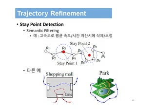 49
Trajectory Refinement
• Stay Point Detection 
• Semantic Filtering 
• 예 : 고속도로 평균 속도/시간 계산시에 삭제/보정
• 다른 예
 