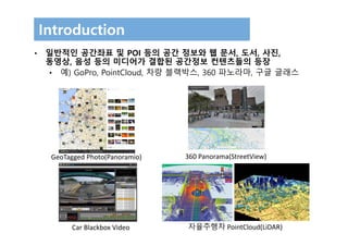 Introduction
• 일반적인 공간좌표 및 POI 등의 공간 정보와 웹 문서, 도서, 사진,
동영상, 음성 등의 미디어가 결합된 공간정보 컨텐츠들의 등장
• 예) GoPro, PointCloud, 차량 블랙박스, 360 파노라마, 구글 글래스
GeoTagged Photo(Panoramio) 360 Panorama(StreetView)
Car Blackbox Video 자율주행차 PointCloud(LiDAR)
 