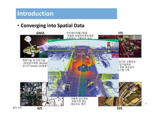 7
• Converging into Spatial Data
Introduction
GNSS - 무선데이터통신망을
이용한 정밀위치정보제공
- 차량항법, 교통정보 제공
GIS SIIS
ITS
- 정밀 기준점 위치정보에
의한 영상정보 정확도 향상
- GPS 기지국 구축적지 선정
- 차량용 네비게이션 정보제공
- 교통주제도 구축 및 계량적
분석 기술제공
- 교통시설물 관리 및 IT기반
운영기술 제공
- 대용량 공간정보
자동수정 갱신
- 영상지도 제작
- 측량기술 및 관련기술
(위성삼각측량, WGS84)제공
- 실시간 Mobile GIS응용기술
- 영상기반 교통정보
수집기술제공
- 고 정밀 영상검지
시스템 구축
출처 : ETRI
 