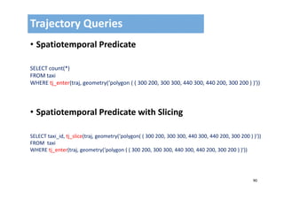 90
• Spatiotemporal Predicate
• Spatiotemporal Predicate with Slicing
Trajectory Queries
SELECT count(*)
FROM taxi
WHERE tj_enter(traj, geometry(‘polygon ( ( 300 200, 300 300, 440 300, 440 200, 300 200 ) )'))
SELECT taxi_id, tj_slice(traj, geometry(‘polygon( ( 300 200, 300 300, 440 300, 440 200, 300 200 ) )‘))
FROM  taxi
WHERE tj_enter(traj, geometry(‘polygon ( ( 300 200, 300 300, 440 300, 440 200, 300 200 ) )'))
 