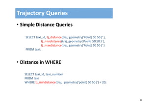 91
• Simple Distance Queries
• Distance in WHERE
Trajectory Queries
SELECT taxi_id, tj_distance(traj, geometry('Point( 50 50 )' ),
tj_mindistance(traj, geometry('Point( 50 50 )' ), 
tj_maxdistance(traj, geometry('Point( 50 50 )' )
FROM taxi;
SELECT taxi_id, taxi_number
FROM taxi
WHERE tj_mindistance(traj,  geometry(‘point( 50 50 )') < 20;
 