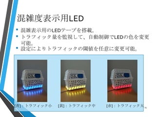 混雑度表示用LED
• 混雑表示用のLEDテープを搭載。
[赤]：トラフィック大[黄]：トラフィック中[青]：トラフィック小
• トラフィック量を監視して、自動制御でLEDの色を変更
可能。
• 設定によりトラフィックの閾値を任意に変更可能。
14
 