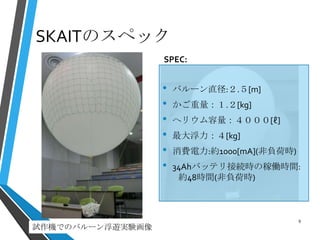 SKAITのスペック
• バルーン直径:２.５[m]
• かご重量：１.２[kg]
• ヘリウム容量：４０００[ℓ]
• 最大浮力：４[kg]
• 消費電力:約1000[mA](非負荷時)
• 34Ahバッテリ接続時の稼働時間:
約48時間(非負荷時)
SPEC:
試作機でのバルーン浮遊実験画像
9
 