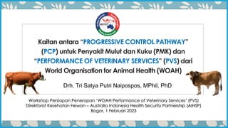 Kaitan antara “PROGRESSIVE CONTROL PATHWAY”
(PCP) untuk Penyakit Mulut dan Kuku (PMK) dan
“PERFORMANCE OF VETERINARY SERVICES” (PVS) dari
World Organisation for Animal Health (WOAH)
Drh. Tri Satya Putri Naipospos, MPhil, PhD
Workshop Persiapan Penerapan ‘WOAH Performance of Veterinary Services’ (PVS)
Direktorat Kesehatan Hewan – Australia Indonesia Health Security Partnership (AIHSP)
Bogor, 1 Februari 2023
 