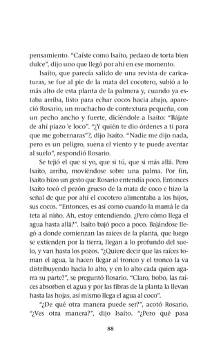 88
pensamiento. “Caíste como Isaíto, pedazo de torta bien
dulce”, dijo uno que llegó por ahí en ese momento.
Isaíto, que parecía salido de una revista de carica-
turas, se fue al pie de la mata del cocotero, subió a lo
más alto de esta planta de la palmera y, cuando ya es-
taba arriba, listo para echar cocos hacia abajo, apare-
ció Rosario, un muchacho de contextura pequeña, con
un pecho ancho y fuerte, diciéndole a Isaíto: “Bájate
de ahí piazo 'e loco”. “¿Y quién te dio órdenes a ti para
que me gobernaras”?, dijo Isaíto. “Nadie me dijo nada,
pero es un peligro, suena el viento y te puede aventar
al suelo”, respondió Rosario.
Se tejió el que si yo, que si tú, que si más allá. Pero
Isaíto, arriba, moviéndose sobre una palma. Por fin,
Isaíto hizo un gesto que Rosario entendía poco. Entonces
Isaíto tocó el pezón grueso de la mata de coco e hizo la
señal de que por ahí el cocotero alimentaba a los hijos,
sus cocos. “Entonces, es así como cuando la mamá le da
teta al niño. Ah, estoy entendiendo. ¿Pero cómo llega el
agua hasta allá?”. Isaíto bajó poco a poco. Bajándose lle-
gó a donde comienzan las raíces de la planta, que luego
se extienden por la tierra, llegan a lo profundo del sue-
lo, y van hasta los pozos. “¿Quiere decir que las raíces to-
man el agua, la hacen llegar al tronco y el tronco la va
distribuyendo hacia lo alto, y en lo alto cada quien aga-
rra su parte?”, se preguntó Rosario. “Claro, bobo, las raí-
ces absorben el agua y por las fibras de la planta la llevan
hasta las hojas, así mismo llega el agua al coco”.
“¿De qué otra manera puede ser?”, acotó Rosario.
“¿Ves otra manera?”, dijo Isaíto. “¿Pero qué pasa
 