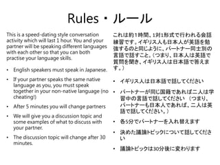 Rules・ルール
This is a speed-dating style conversation
activity which will last 1 hour. You and your
partner will be speaking different languages
with each other so that you can both
practise your language skills.
• English speakers must speak in Japanese.
• If your partner speaks the same native
language as you, you must speak
together in your non-native language (no
cheating!)
• After 5 minutes you will change partners
• We will give you a discussion topic and
some examples of what to discuss with
your partner.
• The discussion topic will change after 30
minutes.
これは約１時間、1対1形式で行われる会話
練習です。イギリス人も日本人が英語を勉
強するのと同じように、パートナー同士別の
言語で話すこと。（つまり、日本人は英語で
質問を聞き、イギリス人は日本語で答えま
す。）
• イギリス人は日本語で話してください
• パートナーが同じ国籍であれば二人は学
習中の言語で話してください （つまり、
パートナーも日本人であれば、二人は英
語で話してください。）
• 各5分でパートナーを入れ替えます
• 決めた議論トピックについて話してくださ
い
• 議論トピックは30分後に変わります
 