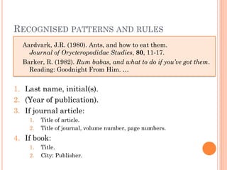 RECOGNISED PATTERNS AND RULES
  Aardvark, J.R. (1980). Ants, and how to eat them.
    Journal of Orycteropodidae Studies, 80, 11-17.
  Barker, R. (1982). Rum babas, and what to do if you’ve got them.
    Reading: Goodnight From Him. …


1. Last name, initial(s).
2. (Year of publication).
3. If journal article:
    1.   Title of article.
    2.   Title of journal, volume number, page numbers.
4. If book:
    1.   Title.
    2.   City: Publisher.
 