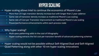 TECHNOLOGY AND MANUFACTURING DAY
 Hyper scaling allows Intel to continue the economics of Moore’s Law
 More than 2X logic transistor density increase but with longer than 2 year cadence
 Same rate of transistor density increase as traditional Moore’s Law scaling
 Same rate of Cost per Transistor improvement as traditional Moore’s Law scaling
 Power/performance enhancements within each process node
 Why hyper scaling?
 Multi-pass patterning adds to the cost of lithography
 Hyper scaling extracts the full cost per transistor benefit of advanced patterning schemes
 Hyper scaling would not be possible without Self-Aligned Dual and Self-Aligned
Quad Patterning along with other 10 nm hyper scaling innovations
Hyperscaling
 