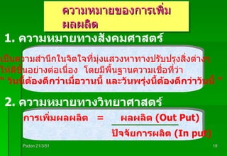 ความหมายของการเพิ่มผลผลิต Padon 21/3/51 2.  ความหมายทางวิทยาศาสตร์ 1.  ความหมายทางสังคมศาสตร์ เป็นความสำนึกในจิตใจที่มุ่งแสวงหาทางปรับปรุงสิ่งต่างๆ ให้ดีขึ้นอย่างต่อเนื่อง  โดยมีพื้นฐานความเชื่อที่ว่า “  วันนี้ต้องดีกว่าเมื่อวานนี้ และวันพรุ่งนี้ต้องดีกว่าวันนี้ ”   การเพิ่มผลผลิต  =  ผลผลิต  (Out Put)   ปัจจัยการผลิต  (In put) 